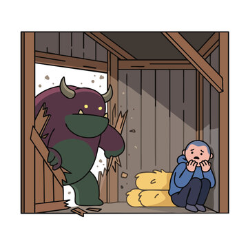 Scared child hiding from monster breaking into barn.
