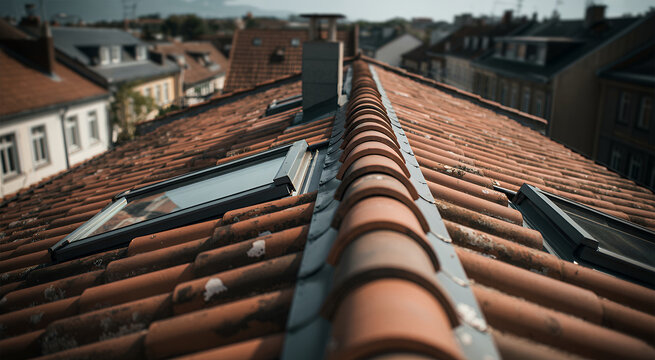View of a residential rooftop with terracotta tiles, a chimney, and skylight windows in the city