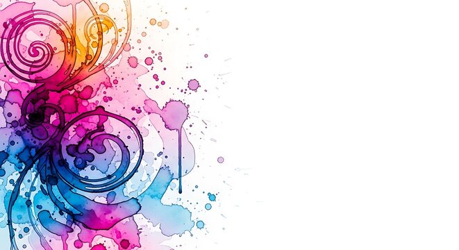 Vibrant abstract watercolor splash with circular motifs and negative space