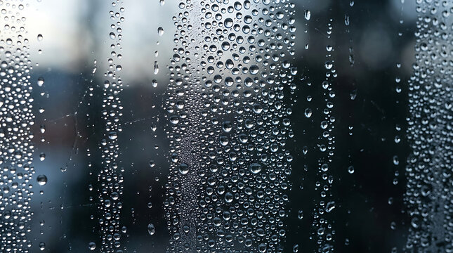 Rain drops on glass window background with blurred city lights, moody rainy atmosphere texture