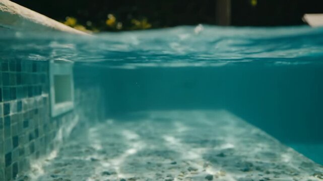 Underwater and surface level view of a luxury swimming pool with bright sunlight reflections