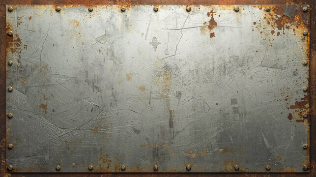 High-resolution industrial metal plate background, distressed, scratched metallic texture, prominent rivets, heavily rusted frame. Perfect for grunge, steampunk, web, print media seeking rugged,