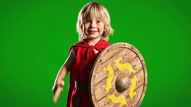 Little boy dressed as Viking warrior.