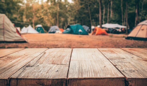 Wooden table in the foreground with a blurred view of colorful tents set up in a forested camping area.