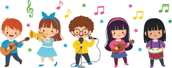 Fototapeta premium Happy Little Children Playing Musical Instruments And Singing Vector Set Featuring Kids With Guitar Trumpet Microphone And Drum For Music Education And Performance Graphic Designs