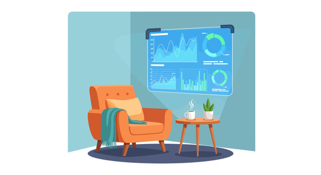 Cozy living room interior with armchair, side table, and infographic on wall screen