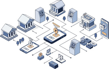 Fototapeta premium Isometric Digital Banking Ecosystem Illustration with Fintech Mobile App, Banks, and ATMs