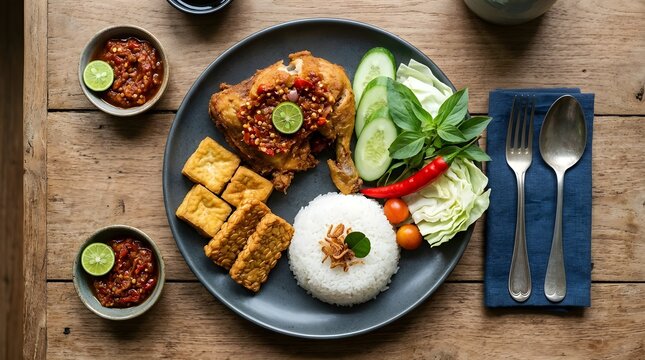 indonesian ayam penyet with fried chicken, sambal, tofu, tempeh, and fresh vegetables, served on a plate on a plain wooden table, top-down view, clean and aesthetic food styling