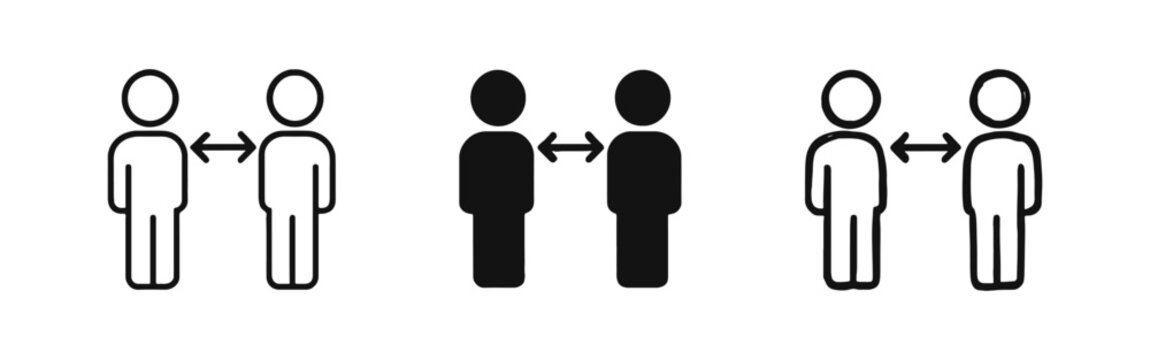 Social distancing icon set featuring two people keeping distance with arrow symbol in three different graphic styles