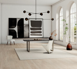 Naklejka premium Large illustration 3D rendering Fan Ventilation luxury modern bright interiors Living room mockup with Couch