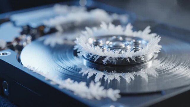 Frozen Hard Drive: An icy, intricate spectacle unfolds on a hard drive, with delicate frost formations adorning its components, a visual representation of technology in a unique, cold light.