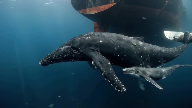 A female humpback whale swims gracefully with her calf, exploring the depths near a large ship