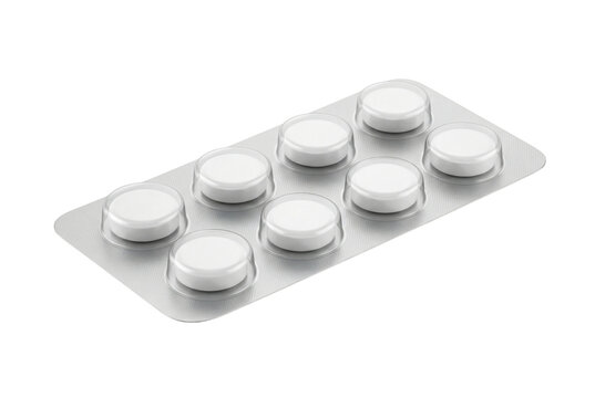 Blister pack with white medical pills isolated. Pharmaceutical drug packaging mockup.