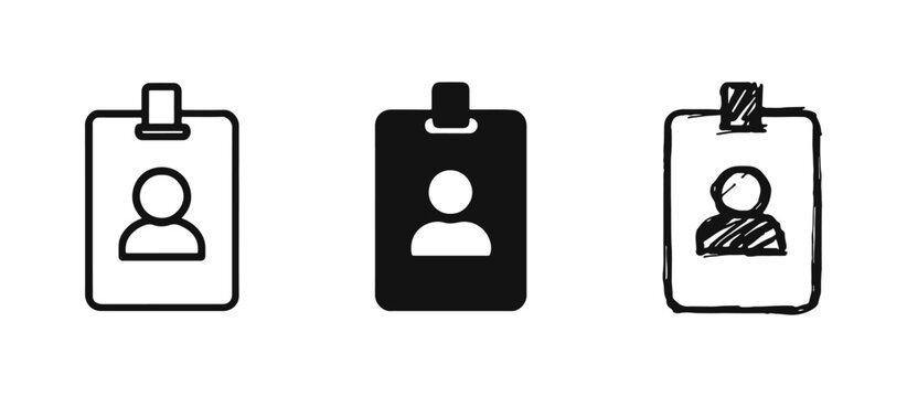 ID card or name badge icon set in three styles: outline, solid, and hand-drawn sketch