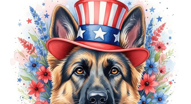 Patriotic german shepherd portrait with american flag hat and floral background