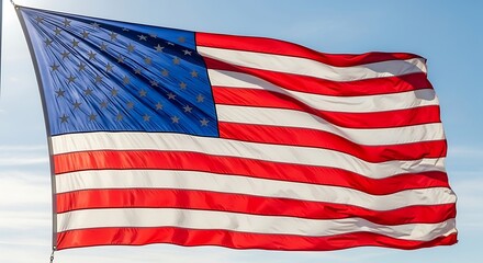 Fototapeta premium US Flag Waving in the Wind Patriotic Symbol Against a Blue Sky.