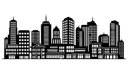 Fototapeta premium Urban skyline silhouette modern office and apartment buildings black vector icons isolated on white background