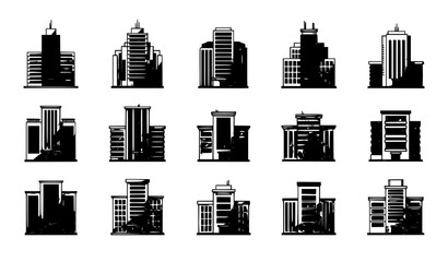 Modern office building icon set flat style corporate and apartment block vector collection isolated on white © MDMunna