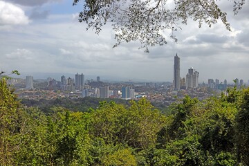 Fototapeta premium Panama City skyline wide view above tropical forest