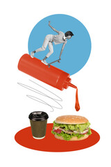 Vertical collage image young woman skate rider longboard ketchup burger sandwich fastfood junk meal...