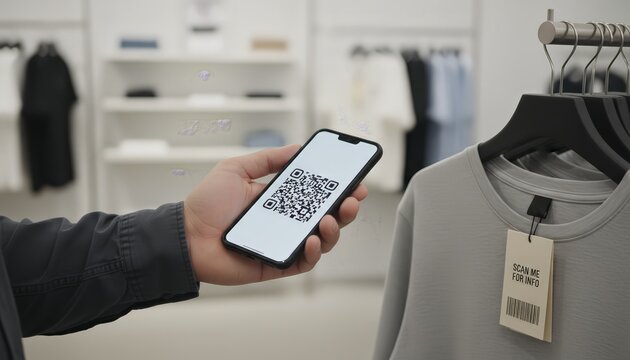 Person using mobile phone displaying a qr code, scanning a product tag for information in a modern retail clothing store, enhancing the online shopping and checkout experience