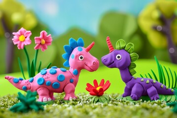 Fototapeta premium cute playdough dinosaurs clay characters colorful flowers cartoon landscape kids toy animation style