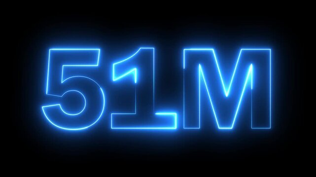 Neon number 51M million text icon animation glowing blue color celebration like comment share follower social media subscriber signboard template with black background
