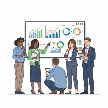 Team of professionals presenting data analytics on wall charts during a collaborative business meeting.