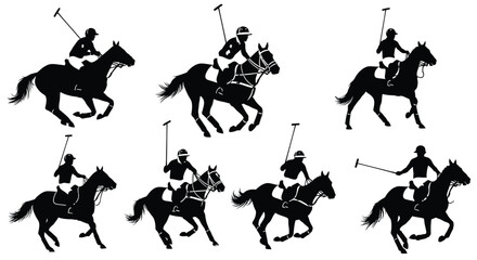 Equestrian polo players on horseback depicted in a dark silhouette © BismillahAdobe