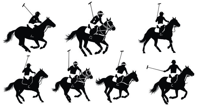 Equestrian polo players on horseback depicted in a dark silhouette