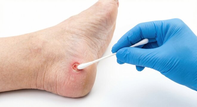 Medical professional cleaning pressure wound on heel with swab