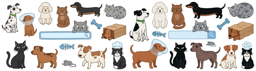 Fototapeta premium A delightful collection of cartoon dogs and cats in various poses and situations featuring playful interactions and cute expressions for a whimsical feel pet animal puppy