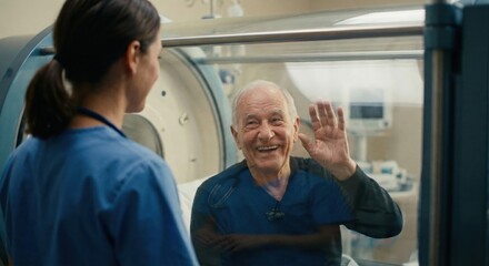 Obraz premium Elderly patient smiling in hyperbaric chamber with nurse