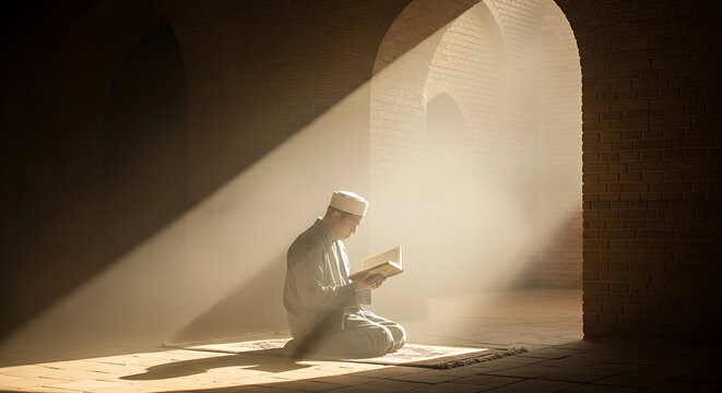 Solemn prayer bathed in ethereal light, a moment of profound spiritual contemplation in an ancient setting