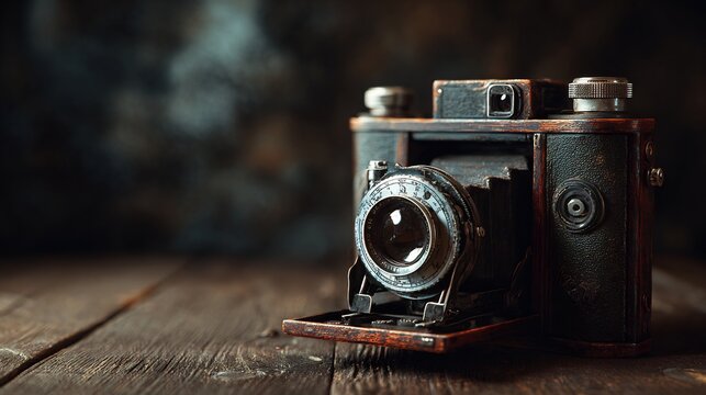 Antique folding camera on aged wooden planks, capturing time's passage and nostalgic memories of