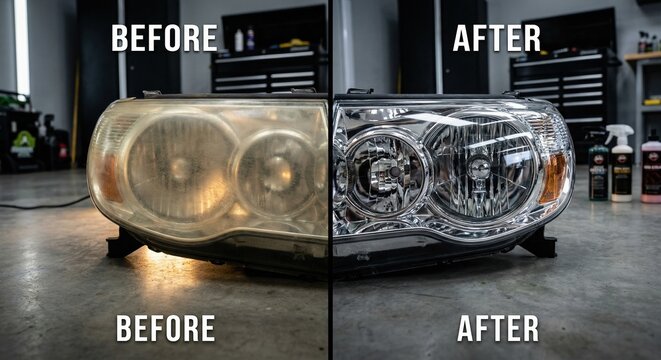 Car headlight restoration before and after comparison