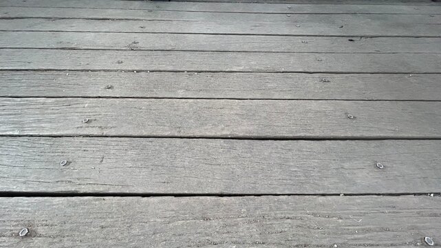 Grey old wood texture made of natural ancient dusty boards with nails and gaps, floor surface. Horizontal slightly perspective view.