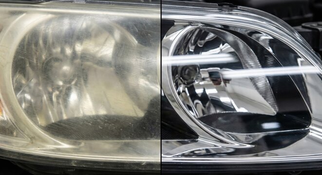 Car headlight restoration before and after comparison