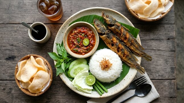 indonesian pecel lele with fried catfish, sambal, rice, and fresh vegetables, served on a plate on a plain wooden table, top-down view, clean and aesthetic food styling