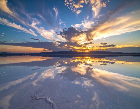 Salar infinito con efecto espejo reflejando cielo dram&aacute;tico al atardecer, paisaje surrealista