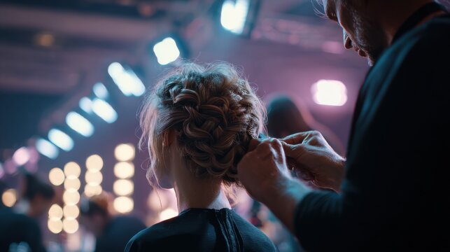 Medium shot of a hairstylist perfecting a complex fantasy hair design under bright salon lights with blurred competitors in the background enhancing the creative ambiance.