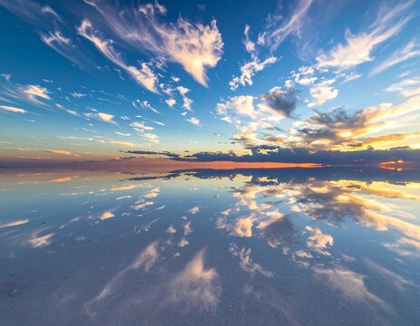 Salar infinito con efecto espejo reflejando cielo dram&aacute;tico al atardecer, paisaje surrealista