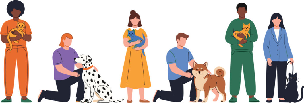 Diverse People With Pets Vector Set Featuring Happy Men And Women Holding Cats And Dogs For Animal Care And Veterinary Clinic Graphic Designs