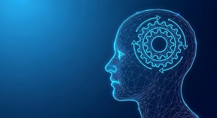 Obraz premium A digital human head silhouette with gears representing thought process on a blue background