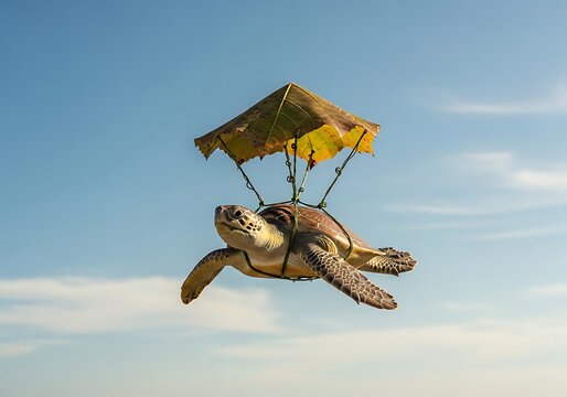 Turtle flying in the sky with a parachute, a turtle is soaring through a clear blue sky attached to a makeshift