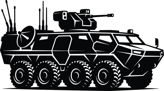 Black and white of a military armored vehicle with a turret and satellite dish military vehicle tank