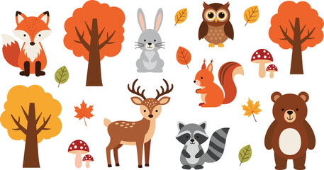 Naklejka premium Cute Forest Wildlife Vector Set Featuring Bear Fox Squirrel Raccoon Rabbit Frog Turtle and Wild Boar with Green Trees and Leaves for Nature Themed Designs