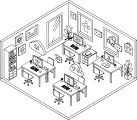 Naklejka premium Modern Isometric Office Workspace Line Art Illustration with Computers, Cloud Technology Icons, and Furniture