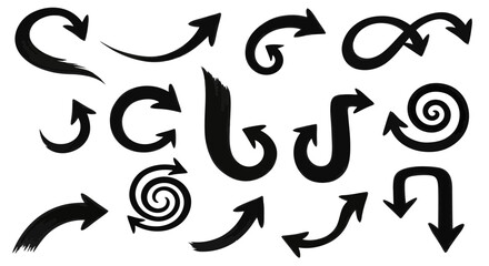 Fototapeta premium Set of thick hand-drawn brush stroke arrows featuring various curved, spiral, and wavy directional pointers in a bold black ink style.