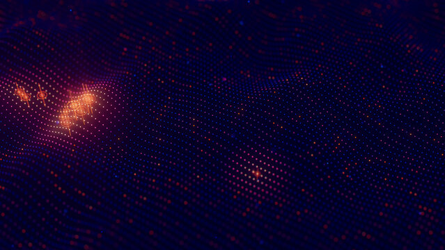 Top view on futuristic blue orange technology point wave with glowing data points. Digital AI cyberspace concept. Abstract digital wave with dots. Big data flow analysis.